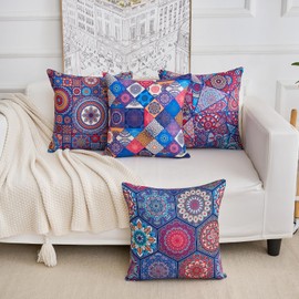 Decorative Cushion Covers 45 x 45 cm Linen Boho Pilowcase Vintage Purple Mandala Flowers Geometric Pattern Throw Pillow Case for Sofa Couch Graden Livingroom Set of 4
