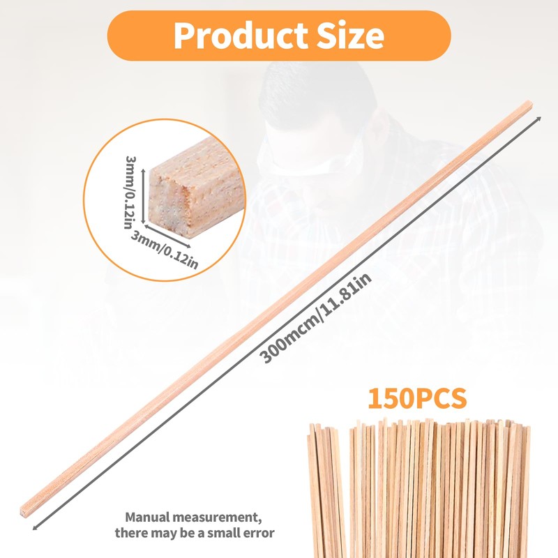 150 Pcs Natural Balsa Wood Sticks, Square Wooden Dowels 3