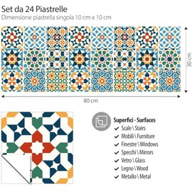 RE-COVERTILES - Tile Stickers Bathroom and Kitchen 24 Pieces 10 x 10 cm - PS00112 PVC Wall Decoration Waterproof Tiles Mosaic Style Azulejos Cement Tiles
