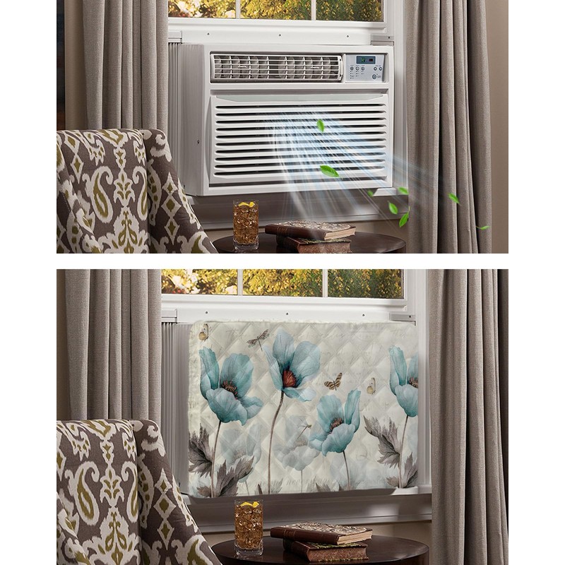 Spring Indoor Air Conditioner Covers, Retro Turquoise Flowers Floral Butterfly