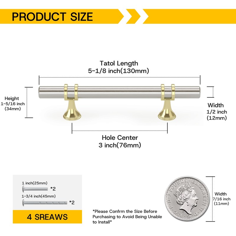 Rergy 5 Pack 3 Inch Brushed Nickel and Gold Cabinet