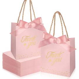 50 PCS Pink Gift Bags with Handles, Small Party Favor Thank You Gift Bag, Sturdy Paper Bags with Ribbon for Birthday, Wedding, Baby Bridal Shower, Graduation Party Favor ( 5.9'' x 3.14'' x 5.11'')