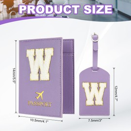 PATIKIL Passport Holder for Travel, Initial Passport Cover and Luggage Tag Set with Alphabet Chenille Letter Patch Travel Wallet Bag Suitcase Identifier for Women Family Travel Purple W