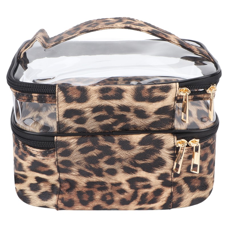 Double Layer Cosmetic Bag PVC Leopard Print Design Portable Large