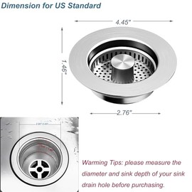 2025 Upgraded 3 IN 1 Sink Drain Strainer, 304 Kitchen Sink Strainer, Universal Sink Stopper Kitchen Drain, Adjustable Filter Fits US Standard 3-1/2”Drain Hole, Anti-Clogging, Silver