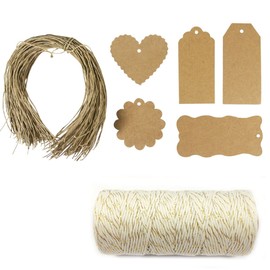 Allydrew 100 Brown Gift Tags/Kraft Hang Tags with Free Cut String for Gifts Crafts and Price Tags + Cotton Baker's Twine 12ply 110 Yard, White/Gold Metallic