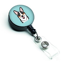 Caroline's Treasures BB1193BR Checkerboard Blue Corgi Retractable Badge Reel, Belt Clip, Multicolor