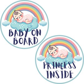 Baby on Board, Princess Inside Sticker Cute Pastel Rainbow Durable Vinyl Safety Sign for Window, Bumper, or Nursery Room Door Peel-and-Stick, No Magnet or Suction Cup Needed