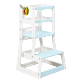 SDADI Adjustable Height Kids Kitchen Step Stool with Removable Safety Rails and Anti-Slip Protection- Toddler Standing Tower with with Ring Toss for Learning and Playing (Beige and Blue)