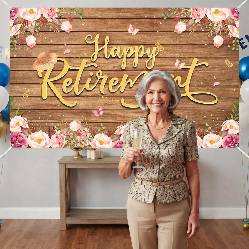 Rustic Floral Retirement Banner Party Decorations For Women 5.9x3.6ft
