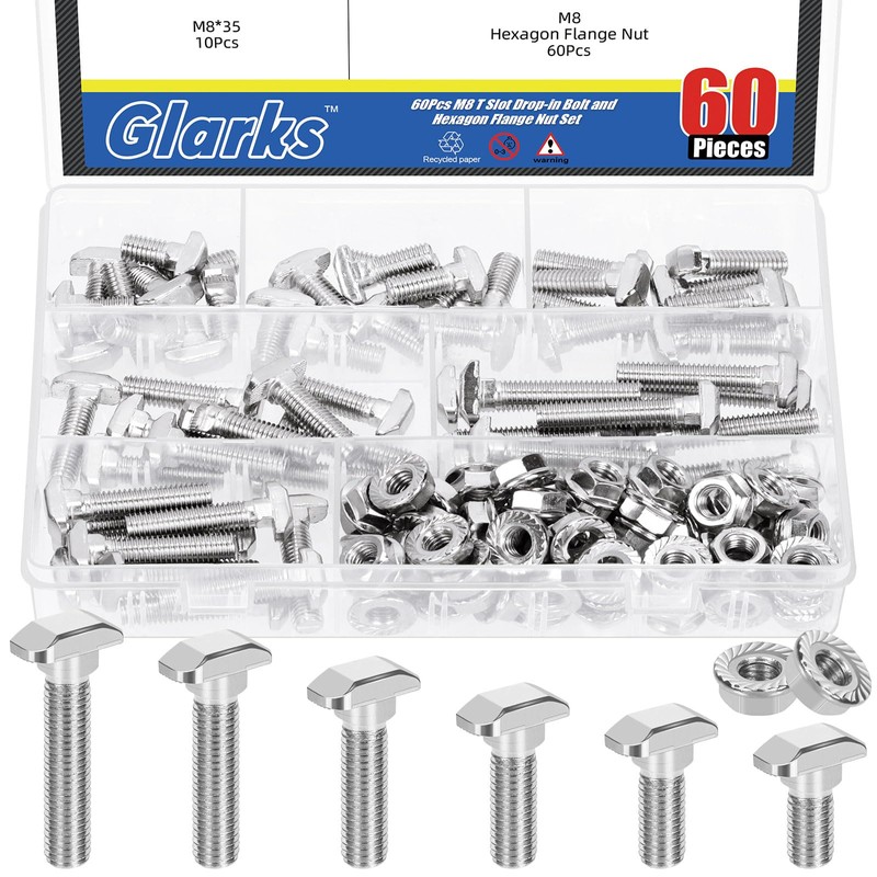 Glarks 120pcs M8 T Slot Drop-in Bolt with Hexagon Flange