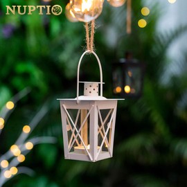 NUPTIO 4 Stück Lanterne en Verre à Terre Suspendue, Lanterne en Verre Portable, Petite Lanterne Rétro de Fer, Suspension de Décoration D’Intérieur Cour, Weiß Teelichthalter Windlicht Weihnachten