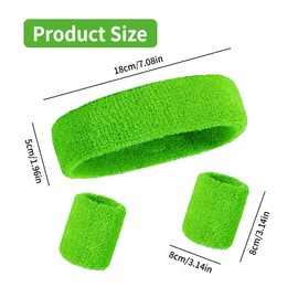 3 Pcs Green Headband and Wristbands Sweatbands Set,Retro 80s Gym Accessories, Adjustable Sweat Bands for Men & Women, Absorbent Athletic Wristbands,Yoga & Workout Gear