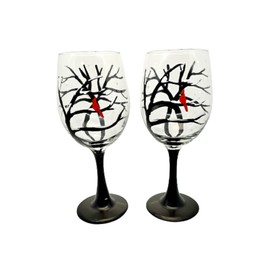 2 Winter Snowy Tree Red Cardinal Wine Glasses Set