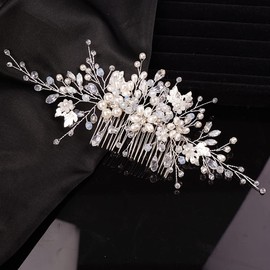 Teyglen Mujeres Dainty Crystal Flower Pearls Leaf Bride Wedding Hair Comb Diadema Piezas Para El Cabello Pedrería Cristales Nupcial Side Headpieces Para Mujeres Bride Girls Plata
