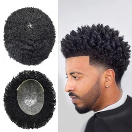 Afro Toupee for Black Men Curly Weave Brazilian Hair System All Pu Injection Hair Unit for Black Men(8''x10''（10MM), 1B# Natural Black)