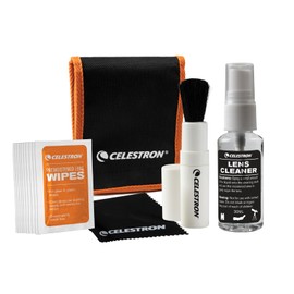 Celestron 93576 Lens Cleaning Kit - Includes 10 x Lens Wipes, Cleaning Fluid, Lens Cloth and Retractable Lens Brush in a Soft Carry Pouch, Black/Orange