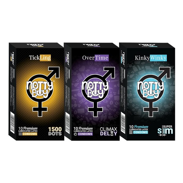Notty Boy Multi Variety Condom Combo For Men - Overtime Extended Pleasure, Ultra Slim and Super 1500 Dots Studded Condoms Pack Of 3 (30 CT)