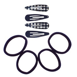 Topkids Accessories 8pc Shool Hair Accessories Set, Gingham Pattern and Plain Snap Hair Clips Sleepies with Hair Elastic Bands, Girls School Uniform Colours (Navy Blue)