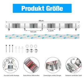 Sampoes Broom Holder Wall, Broom Holder, Stainless Steel, Tool Holder, Wall Mount with 4 Holders and 5 Hooks, Broom Hanging Garden Tool Holder, Broom Mop Holder for Home, Garden, Kitchen, Garage