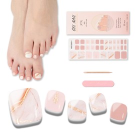 Wekcekcek Semi Cured Gel Toenail Strips, 32 Pink Texture Toenail Stickers Pedicure Strips Salon Quality Nail Wraps with Nail File & Wood Stick(UV/LED Lamp Required)