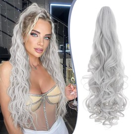 TESS 24'' Curly Ponytail Extensions, 210g Claw in Long Ponytail, Hair Pieces for Women, Silver Grey
