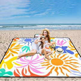 Picnic Blanket XXL 200 x 200 cm, Beach Blanket, Waterproof, Sand-Free, Foldable Beach Mat Made of Washable Three-Layer Structure, Portable for Family Camping, Beach, Park, Travel and Lawn - Tropical