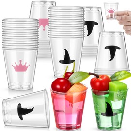 Qinyoung 48 Pcs 1.7 oz Witch Theme Party Decoration Clear Hard Plastic Shot Glasses Mini Crown and Wizard Disposable Shot Cup Pink and Black Cup Witch Movie Wedding Summer Birthday Party Supplies