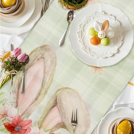 Easter Table Runner Easter Decorations Indoor Bunny Rabbit Ears Flower Spring Table Runner 13 x 72 Inch Easter Decorations for Table Holiday Dining Bunny Eggs for Home Party Kitchen Dining Decor