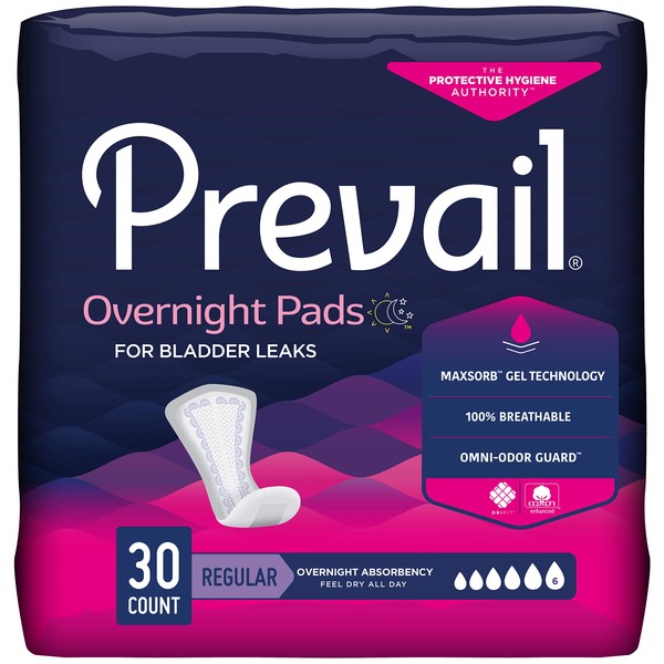 Prevail Incontinence Bladder Control Pads for Women, Overnight Absorbency, Regular Length, 30 count