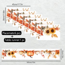 7-Piece Fall Table Runner & Placemat Set – Elegant Watercolor Pumpkin & Sunflower Design – Autumn Harvest Style Table Decor for Kitchen & Dining Room