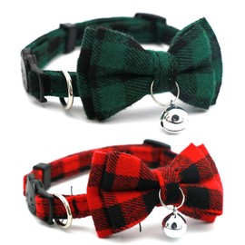 2-Pack Plaid Cat Collar with Bell and Bow, Breakaway Kitten Collar with Bell, Bowtie Puppy Collars for XXS Xs Small Little Pet Tiny Dogs, Red+Green