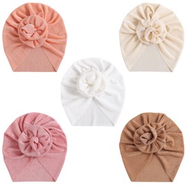 DRESHOW Baby Hat Baby Turban Hat Bun Knot Toddler Infant Beanie Hat Baby Girls Boys Soft Toddler Hat Pack of 5, 5 Pcs Flower Set-71/3-24 Months, Unit size