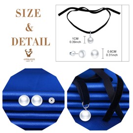 CPSLOVE Women's girl's Pearl Necklace, Women's girl's Earrings, 925 sterling silver pearl jewelry set, Black velvet rope pearl choker necklace, pearl earrings studs, black