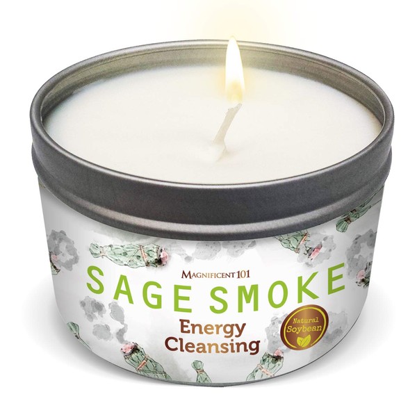 Magnificent 101 Long Lasting Pure White Sage Smoke Smudge Candle | 6 Oz - 35 Hour Burn | All Natural, Organic & Paraffin Free Soy Wax Candle for House Energy Cleansing, Purification & Manifestation