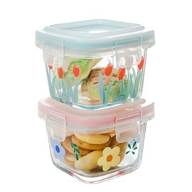 yaocoral 2 Pack 4 OZ Small Square Glass Containers with Lids, Floral Food Jars Airtight Glass Food Container for Sauce,Snack,Yogurt,Dressing,Dip,Dessert,Freezer Microwave Safe