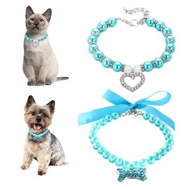 2 Pack Blue Pearl Necklace for Dogs,Bling Pearl Puppy Collar Necklace Female Rhinestone Beaded Pearl Cat Collar Girls Crystal Pretty Diamond Jewel for XS Small Medium Kitten Wedding,L