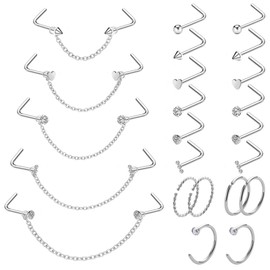 Kiethleasa 20G Nose Ring Nose Piercing Chain Stainless Steel Across Nose Nostril Jewelry with CZ Nose Hoop Bone Screw L Shaped Nose Ring Stud for Women Men High Nostril Bridge Nose Jewelry, Stainless Steel, cubic zirconia