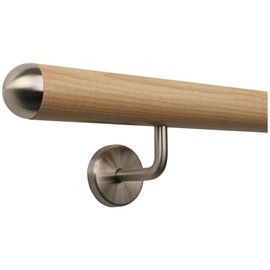 TIBU Ash Wooden Handrail Railing 0.3 m - 6 m, Length 30 cm, End Semicircular Stainless Steel Cap and 2 Angled Holders