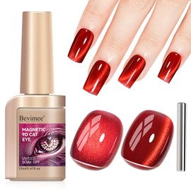 Bevimee Cat Eye Magnetic Gel Nail Polish, Red Nail Polish Color Burgundy Red Moonlight UV Glitter Holographic With Magnet Manicure Salon DIY At Home