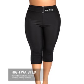 Holipick Women Black Regular Plus Size Swim Capris Long Swim Shorts with Pockets High Waisted Swim Pants Tummy Control Swimming Leggings 18W