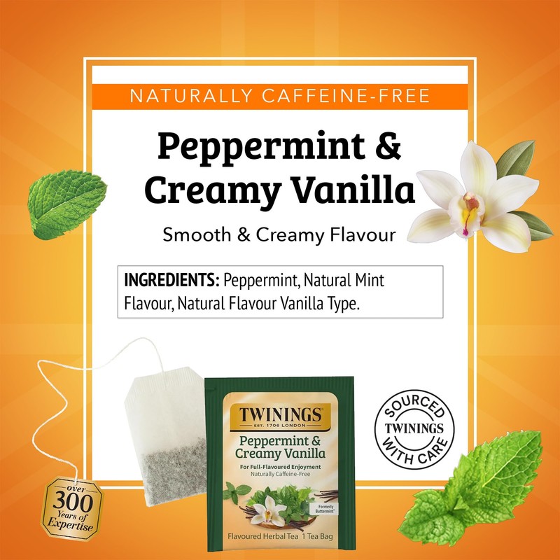 Twinings Peppermint & Creamy Vanilla Herbal Tea Individually Wrapped Bags,