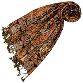 Lorenzo Cana Brand 78166 Women's Pashmina Scarf Shawl Stole Wrap Natural Fibre Opulent Pattern in Harmonious Brown Colours with Fringes 70 cm x 200 cm, Rust brown, gold, beige, brown
