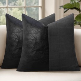 cygnus Faux Leather Patchwork Linen Checkered Plaid Throw Pillow Covers 18x18 Inch Set of 2 Netural Farmhouse Vintage Cushion Covers Modern Boho Home Decor for Sofa Chair Couch Bedroom,Black