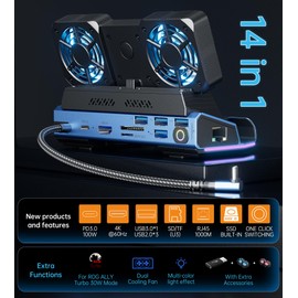 YCBUENO 14-in-1 Disassembly Cooling Fans Steam Deck Docking Station with M.2 NVMe Enclosure, 4K @ 60Hz, 1000Mbs,SD/TF,4 USB A, 100W PD Charging 40Gbps Adapter for Steam Deck/Rog Ally/Switch/Legion Go