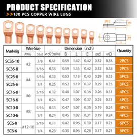 mankk 180PCS Copper Wire Lugs AWG 2 4 6 8 10 12 14 16 Gauge Battery Terminal Connectors Battery Cable Ends Connectors Copper Ring Terminal Kit with Heat Shrink M-167-180PCS-tbz