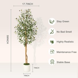 GarveeHome Faux Olive Tree 5ft,Tall Artificial Tree Indoor with 2 Natural Wood Trunks, Fake Plants Potted in White Planter, Floor Plants for Living Room House Decor,1PCS