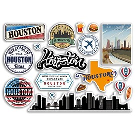 A5 Sticker Sheet Houston Landmarks Vinyl Stickers - Texas America States USA American Airport Stamps Skyline Flag Map Travel Holiday Scrapbooking City Luggage #79157