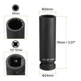 sourcing map 12-Point Deep Impact Socket 1/2 Inch Drive 16mm Metric Chrome Molybdenum Alloy Steel Spindle Axle Nut Impact Socket