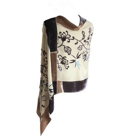 JJ collection Silk Base Burn-out Velvet Shawl,72" L x 21" W, Oriental Daisy Floral, Brown velvet on Beige Silk